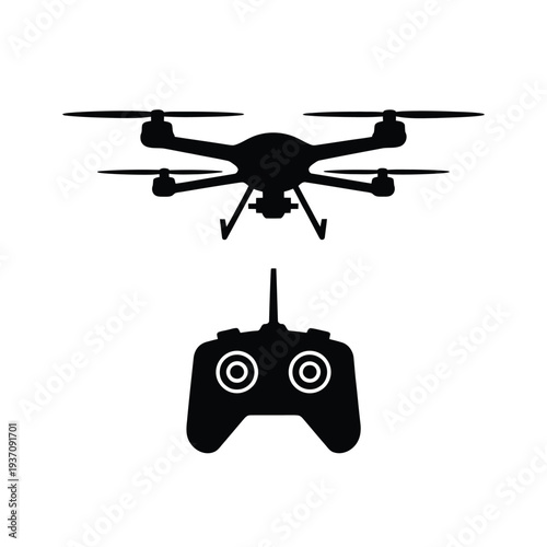 A black silhouette of a drone with its remote controller below