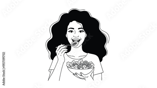 Line art illustration of a woman with voluminous curly hair eating a healthy salad from a bowl, promoting wellness, nutrition, and diet.