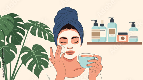 Woman with a face mask and towel on her head holding a cup of tea, surrounded by skincare products and a lush monstera houseplant.
