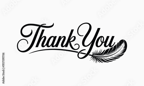 Elegant Handwritten Thank You Cursive Script Calligraphy with Decorative Black Feather Illustration for Writers and Poets