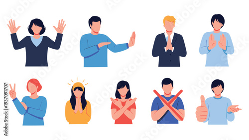 Vector set of people using various hand gestures to communicate, including waving, stopping, praying, and giving a positive thumbs up sign.