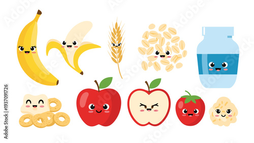Cute kawaii style food characters including bananas, apples, strawberries, and dairy products with happy smiling faces and rosy cheeks.