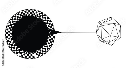 Geometric abstraction featuring a checkered circle transitioning into a wireframe polyhedron high quality professional detailed modern