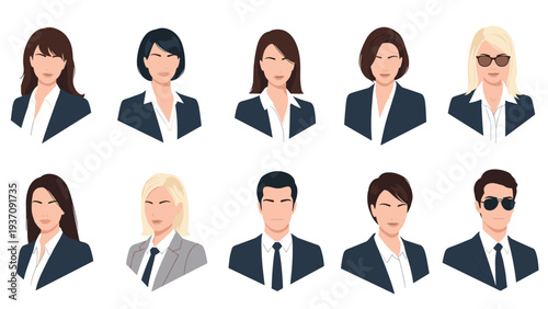 Collection of professional business avatars showing men and women in suits, some wearing sunglasses, for corporate profile designs.