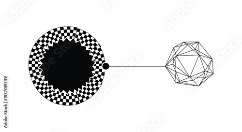 Geometric illustration featuring a checkered circle and a connected icosahedron in black and white high quality