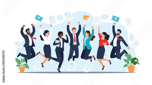 Happy diverse business team jumping in the air to celebrate a huge success, with papers and icons flying around them in a joyful scene.