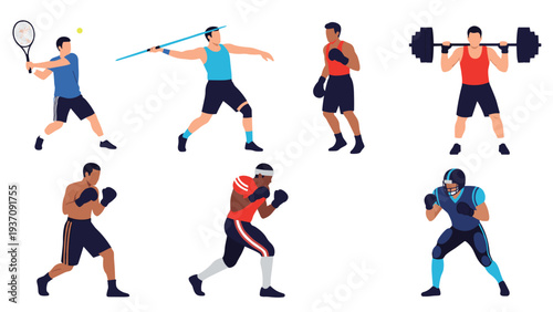 Silhouettes of athletes performing various sports like tennis, javelin, boxing, weightlifting, and football on a plain white background.
