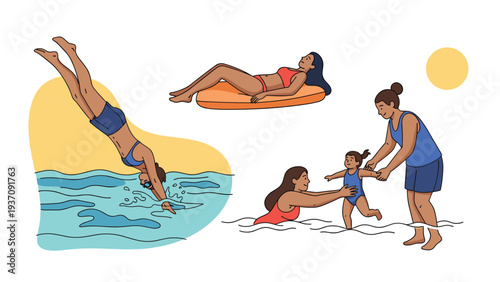 Collection of people enjoying swimming activities, including diving into water, floating on a raft, and a mother teaching her young child.