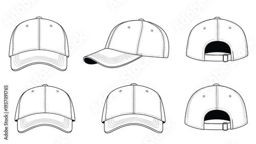 Set of blank white baseball cap templates from multiple angles, including front, side, and back views for headwear design mockups.
