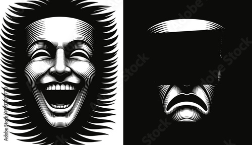 Dramatic Theater Masks and Expressive Faces in Black and White Woodcut Illustration for Performing Arts Comedy Tragedy Drama and Classic Stage Acting Concepts