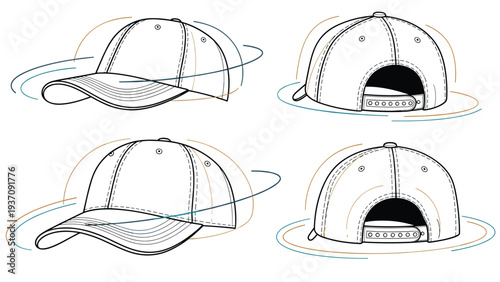 Technical illustrations of white baseball caps showing different perspectives and fit adjustments, ideal for apparel manufacturing uses.