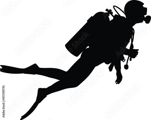 Black vector silhouette of scuba diver swimming underwater with oxygen tank, fins, and mask, representing diving, exploration, and marine adventure.