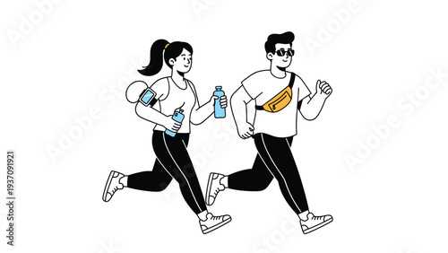 Illustration of a man and woman jogging together with fitness accessories, promoting an active lifestyle and healthy exercise habits.