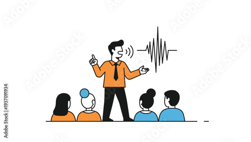 Businessman speaking to an audience with a sound wave graphic, illustrating public speaking, communication, and effective leadership skills.
