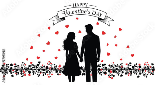 Silhouette of a couple holding hands with hearts and a valentine s day banner high quality professional