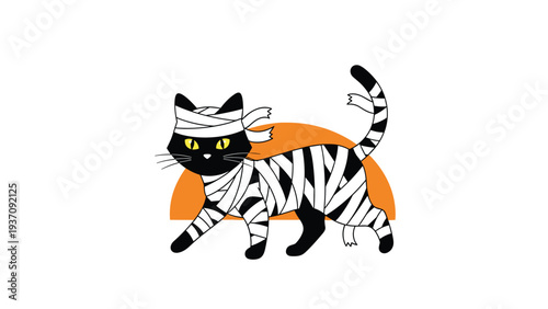 Cute black cat dressed as a mummy with white bandages walks across an orange background, perfect for spooky Halloween celebrations.