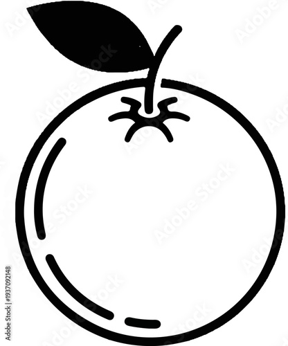 A stylized black outline of a ripe orange with a leaf and stem