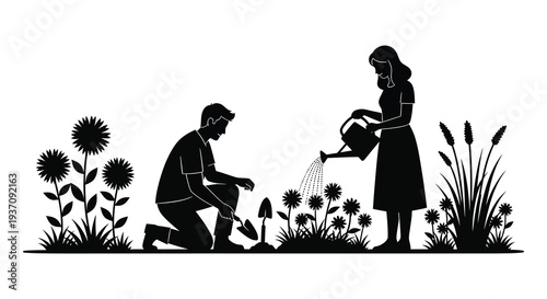 A couple gardening together amongst sunflowers and other plants in a black and white illustration
