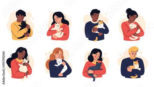Charming illustration shows various people affectionately hugging their pet cats, celebrating the deep bond between humans and pets.