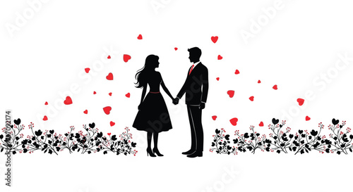 Silhouetted couple holding hands amidst falling hearts and floral decorations conveying romance high quality professional detailed
