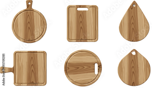 Wooden Cutting Board Set with Round Square Paddle and Teardrop Shapes Natural Kitchen Chopping Boards Collection Vector Illustration