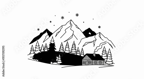 Cozy cabin nestled among snowy peaks and pine trees