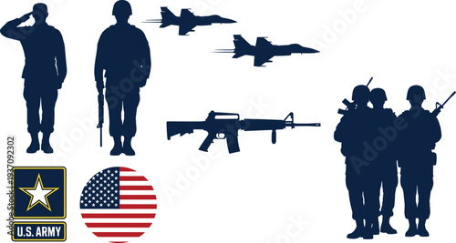 Military Soldier Silhouette Set with Fighter Jets, Assault Rifle, Army Badge and USA Flag Symbols for Defense, Patriotism and Military Design