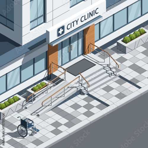 City Clinic Entrance with Wheelchair Ramp and Stairs.