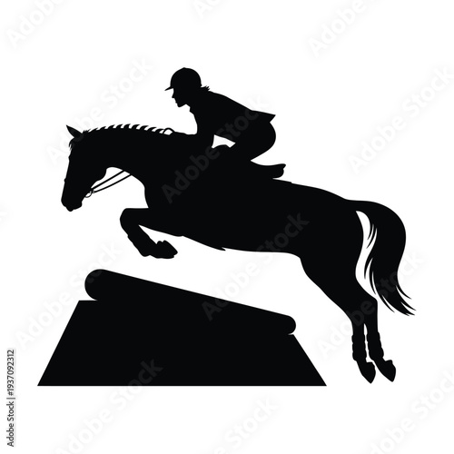 Silhouette of a horse and rider jumping over an obstacle course
