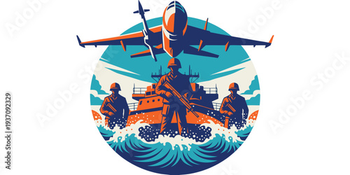 Military personnel and aircraft depicted in a vintage style circular illustration