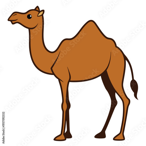 Cartoon dromedary camel standing gracefully with a cute and innocent look on a white background