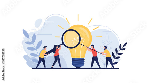 Small people work together to inspect a giant glowing lightbulb with a magnifying glass, representing a detailed search for ideas.