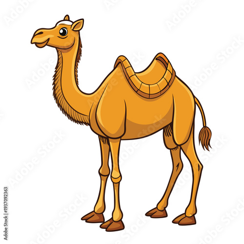Cute golden dromedary camel standing confidently with a smiling face against a white background
