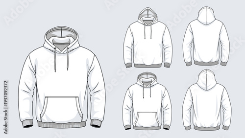 Comprehensive set of blank white hoodie templates includes front and back views to help designers showcase custom apparel branding.
