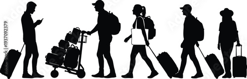 Detailed black silhouette collection of diverse travelers walking with rolling suitcases backpacks and a luggage cart on white background.
