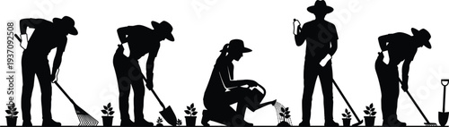 Detailed black silhouette collection of gardeners planting watering and raking soil with various garden tools on a white background.