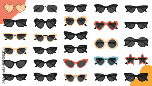 Grid of various sunglasses styles including aviators, heart shapes, and cat eye frames is presented for fashion design inspiration.