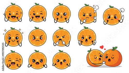 Fun collection of orange fruit characters features various facial expressions, from happy and winking to angry and very confused.