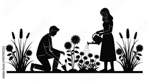 A couple is gardening together planting and watering flowers in a stylized black and white illustration high quality