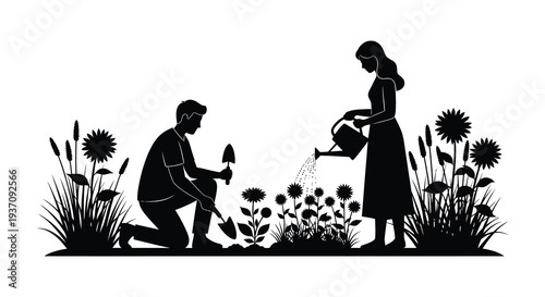 A couple is gardening together amongst sunflowers and greenery in a black and white illustration