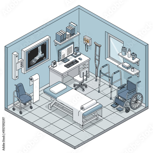 Isometric view of a medical examination room with various equipment.