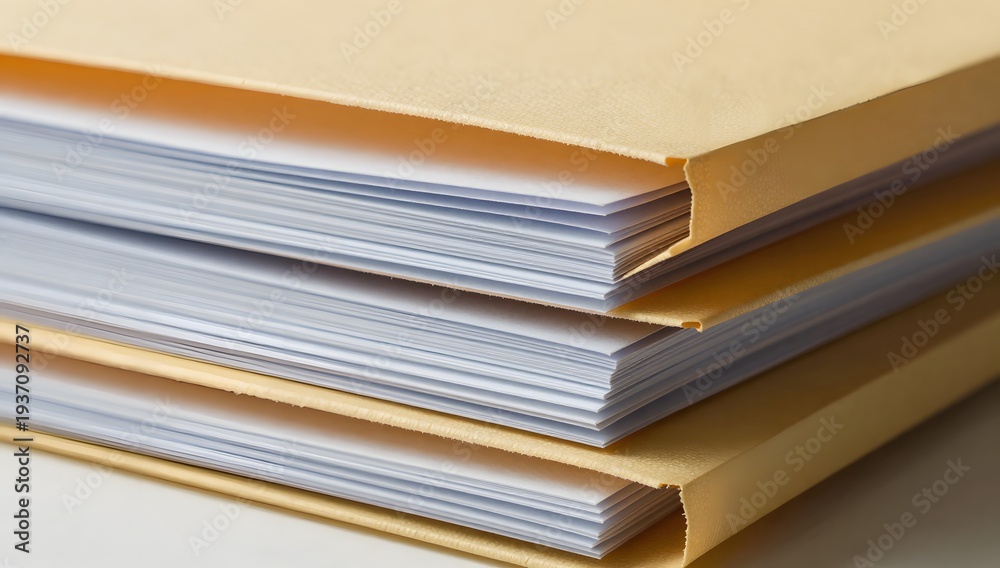 Naklejka premium Stack of file folders filled with pages of documents sit on a surface