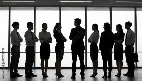 Diverse group of businesspeople stand in silhouette near the office windows
