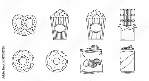 Black and white outline drawings of popular snack foods