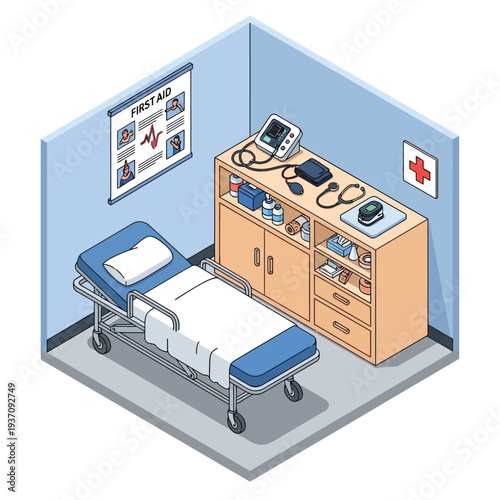 Medical Examination Room with Bed and Equipment.
