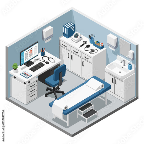 Medical Examination Room with Doctors Desk and Examination Bed.
