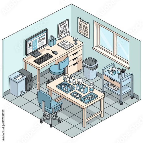 Medical Examination Room With Computer And Equipment.
