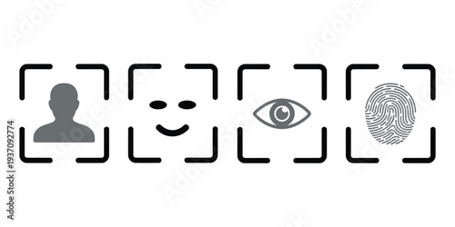 Biometric identification icons, with face recognition, fingerprint scan, iris tracking, and human silhouette analysis representing digital security, identity verification technology