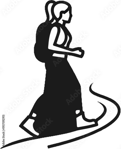 Stylized figure with backpack walking on a path