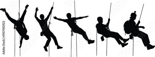 Detailed black silhouette collection of mountain climbers and rappellers descending on ropes in various action poses on white background.